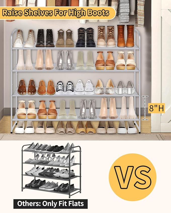 SLEEPING LAMB 4-Tier Long Shoe Rack Organizer for Closet, Stackable Wide Shoe Shelf Holds 30-Pairs Low Shoe Storage for Bedroom, Floor, Entryway (Grey)