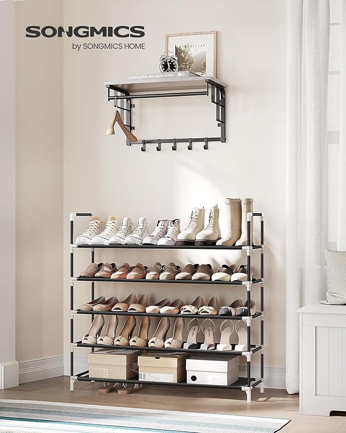 SONGMICS 5-Tier Shoe Rack, Shoe Storage for Hallway Closet, Slim and Space-Saving, Metal Frame, Non-Woven Fabric Shelves, Black ULSH55H