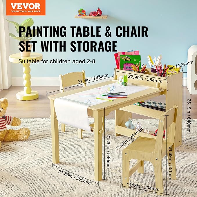VEVOR Kids Art Table and 2 Chairs, 2-in-1 Toddler Craft and Play Activity Table, Wood Toddler Table and Chair Set with A Cabinet for Art, Craft, Reading, Learning