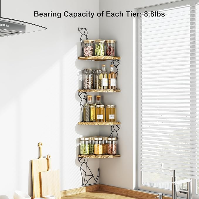 Alsonerbay Corner Shelf Wall Mount, 4 Tier Floating Shelves for Wall Storage, Rustic Wood Shelves for Bedroom, Living Room, Bathroom, Entryway, Garage (Dog Shaped)