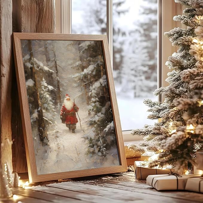 Christmas Canvas Wall Art Christmas Pictures Wall Decor Christmas Poster Winter Vintage Holiday Gallery Print set of 6, Santa Claus Tree Gift, Santa Oil Painting Christmas Holiday Decor- 8"X10"