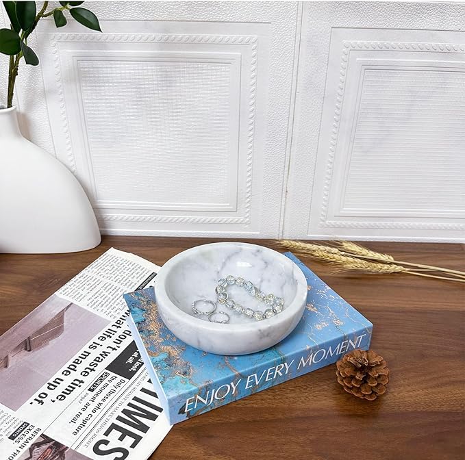 Small Decorative White Marble Bowl, 5.9 inches,Natural Stone Round Bowl for Home Decor, Fruit, Nuts, Jewelry tray,Coffee Tables Centerpiece, Soap Serving (White-small)