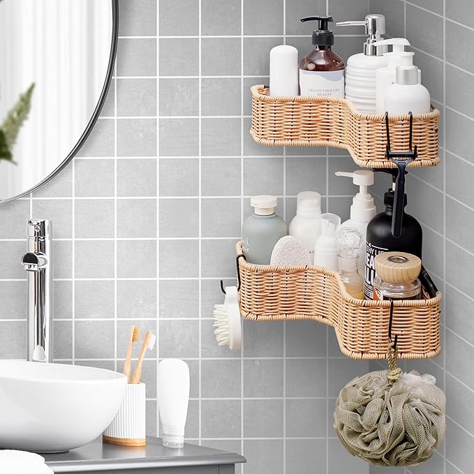 GRANNY SAYS Corner Shower Caddy, 2 Pack Rustproof Corner Shelves, Wicker Shower Organizers and Storage, Inside Shower Shelf for Home Decor