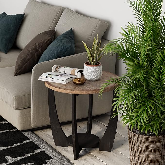 Rustic Farmhouse End Table -2P, French Country Accent Side Table for Family, Dinning or Living Room, Small Spaces, Modern, Round, Black End Table