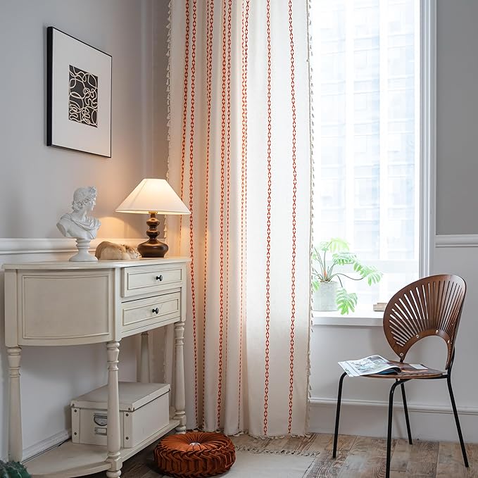 Sutuo Home Boho Curtains 84 inches for Bedroom Living Room, Semi Blackout Embroidery Window Bohemian Tassels Drape for Fall Halloween Decor, Rod Pocket 1 Panel 52" W x 84" L, White and Orange