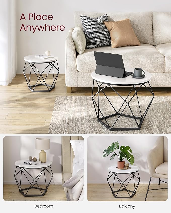 VASAGLE Small Coffee Table Set of 2, Round Coffee Table with Steel Frame, Side End Table for Living Room, Bedroom, Office, Marble White and Ink Black