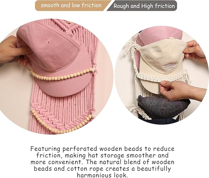 Ball Cap Hanger-1 Pack-Boho Macrame Cap Holder Wall Hat Organizer for Baseball Cap Holder Over Door, Hat Rack for Wall, Cap Rack for Decoration and Display(Pink)