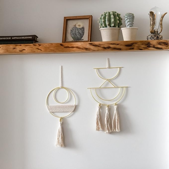 Mkono 2 Pcs Small Macrame Wall Hanging Boho Decor Cute Home Art Ornament with Gold Metal Ring for Bedroom Living Room Nursery Bathroom, 12.6''H x 7.6''W and 11.5''H x 5.9''W, X-Small