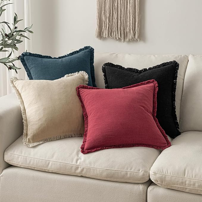 MIULEE Decorative Throw Pillow Covers Neutral Linen Fringe Throw Pillows Set of 2 Burgundy Boho Farmhouse Cushion Covers with Tassels for Couch Sofa Bed Living Room Spring Home Decor 18x18 Inch