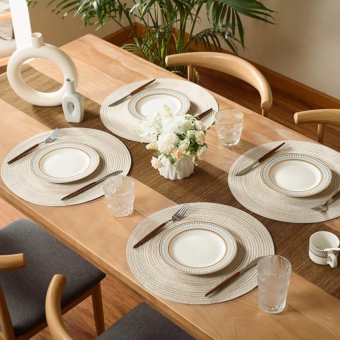 FunWheat Round Braided Placemats Set of 4 Place mats for Dining Tables Woven Heat Resistant Table Mats 15 inch (E Beige, 4pcs)