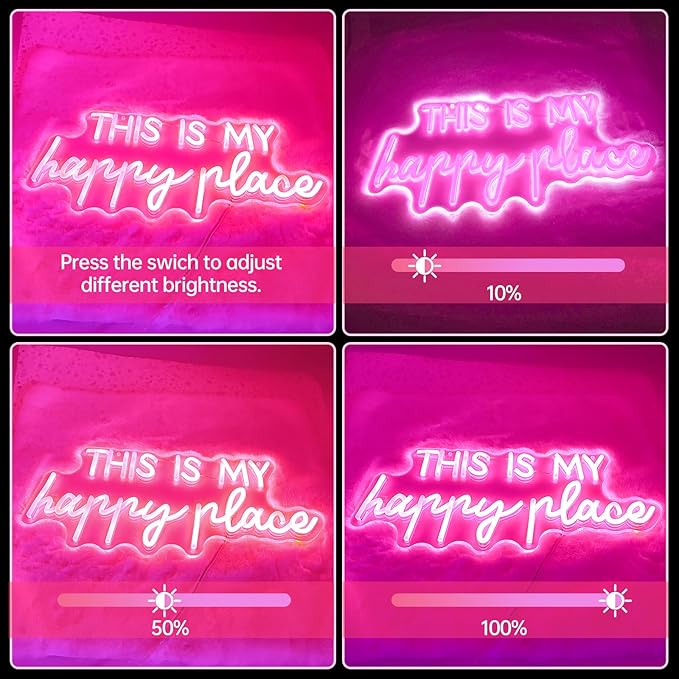 Neon Signs for Wall Decor - This Is My Happy Place Neon Signs for Teen Girls Bedroom Decor, Pink Led Neon Lights for Wall Decor, Nightstand Light, Dimmable Switch USB Power, Adhesive Hook Included