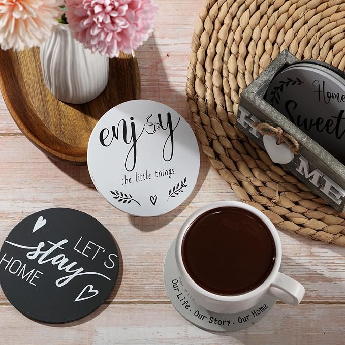 Queekay Housewarming Gifts for Home Decoration Wooden Heart Coasters for Drinks 6 Set Farmhouse Coasters with Holder Funny for Family Coffee Table Protection, 4''(Gray, Black)