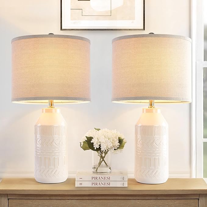 Maxax 24" Set of 2 White Table Lamps for Living Room, 3 Way Dimmable Farmhouse Ceramic Bedside Lamp for Bedroom End Table Lamps, ETL Listed