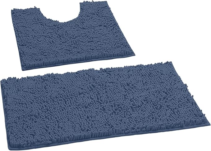 LuxUrux Bathroom Rugs Sets 2 Piece: Quick Dry, Soft Plush Anti-Slip, Super Absorbent. Includes Rectangular (31x20 inches) & U-Shaped Toilet Mat (20x20 inches) | Medium Blue