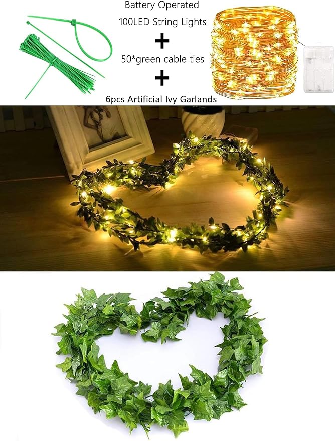 Fake Vines for Room Decor Artificial Ivy Garland with 100 LED String Light Hanging Plants Faux Greenery Leaves Bedroom Aesthetic Decor for Home Garden Wall Wedding(6Pack with 100LED)