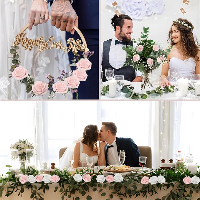 200PCS Artificial Flowers Light Pink Roses Real Looking Foam Fake Roses with Leaves and for DIY Wedding Bouquets Bridal Shower Centerpieces Party Decorations (Light Pink, 200)
