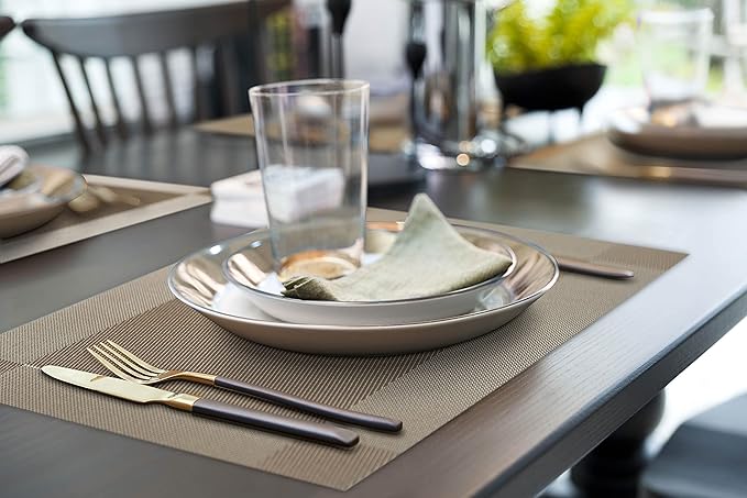 More Décor Dining Table Placemats, Washable Heat-Resistant PVC Vinyl Table Mats for Dining Room and Kitchen, Anti-Slip - Set of 6 - Light Brown
