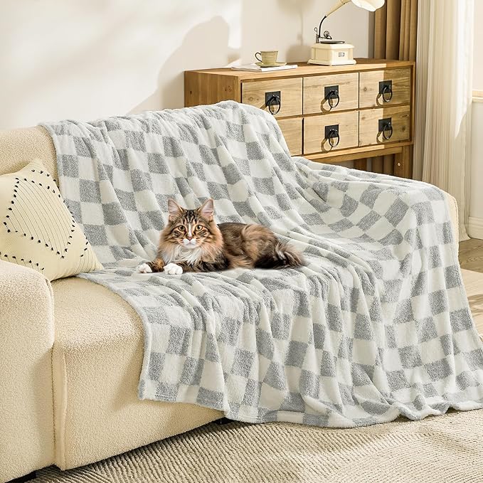 EMME Checkered Blanket Twin Size - 60"x80" Grey Knit Blanket Soft Fluffy Patterned Throw Blankets for Couch, Sofa, Chair, Bed, Camping, Picnic, Travel