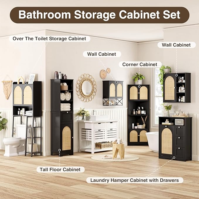 Rattan Bathroom Wall Cabinet, Boho Medicine Wall Cabinets with Door and Adjustable Shelves, Tall Kitchen Wall Mounted Storage Cabinet, Floating Hanging Cabinet Space Saver for Laundry Room,Black