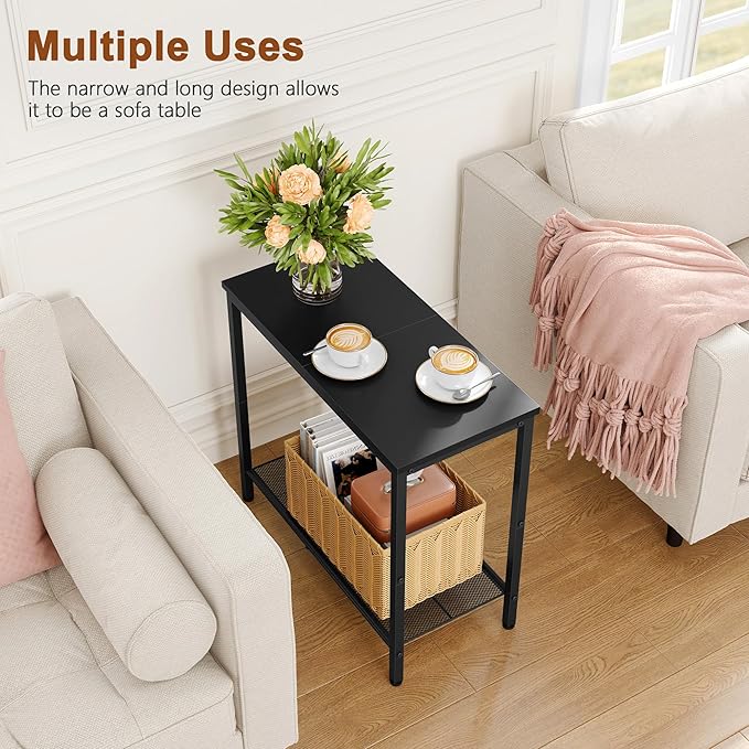 Hoctieon 2 Tier End Table, Sofa Side Table, Narrow Side Table with Storage, Slim Nightstand for Small Spaces, Metal Frame, for Living Room, Bedroom, Sofa Couch, Hall, Black