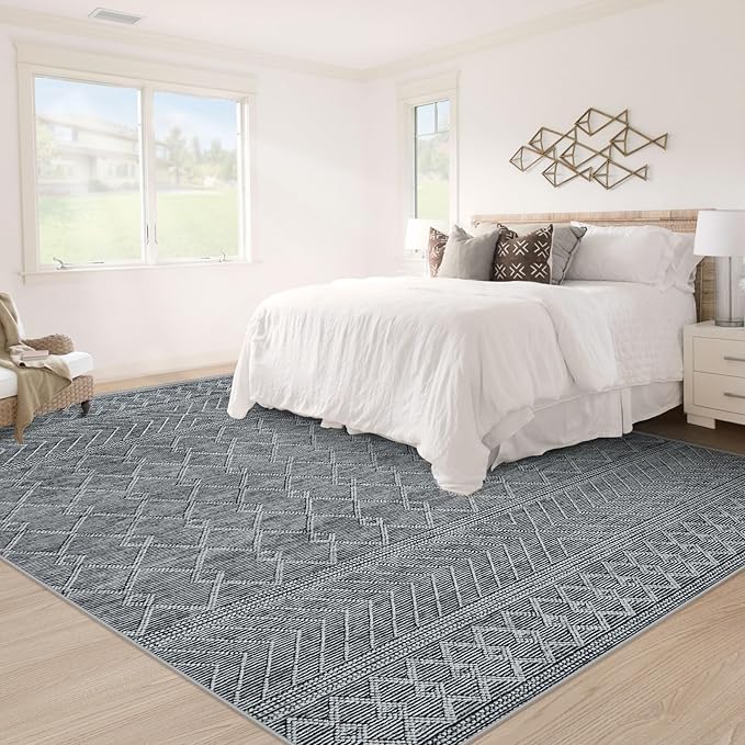 6x9 Area Rug Living Room: Washable Boho Geometric Moroccan Rug Neutral Modern Farmhouse Indoor Soft Non Slip Ultra Thin Printed Pattern Carpet for Dining Room Bedroom Nursery Home (Black, 6'x9')