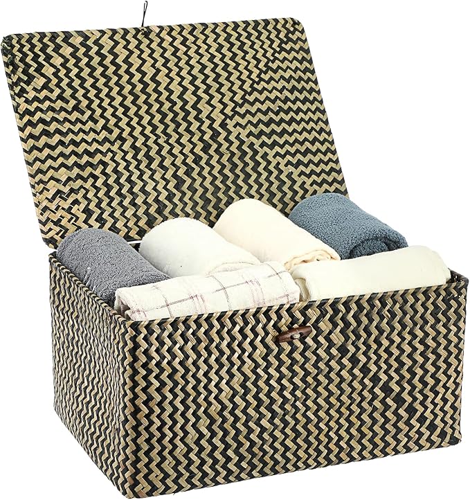 Hipiwe Wicker Shelf Baskets Bin with Lid, Handwoven Seagrass Basket Storage Bins Rectangular Household Basket Boxes for Shelf Wardrobe Home Organizer, Black,X-Large