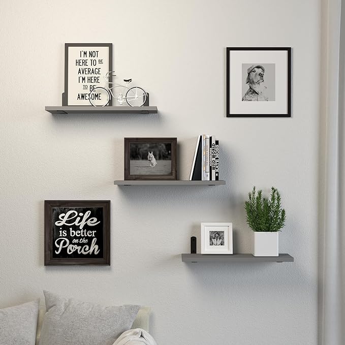 Floating Shelves, 3 Sets Wall Wooden Shelves for Décor, Mounted Bathroom Shelf Storage, Book Wall, Bedroom, Living Room – Grey, HM02