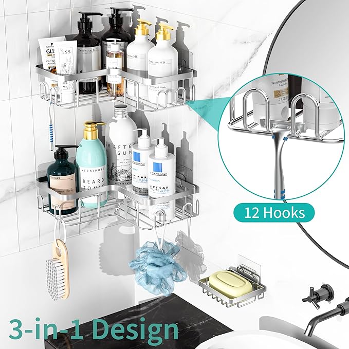 Moforoco Corner Shower Caddy Shelf Organizer Rack, Self Adhesive Black Bathroom Shelves Basket, Home Farmhouse Wall Inside Organization and Storage Decor Rv Accessories, Apartment Essentials