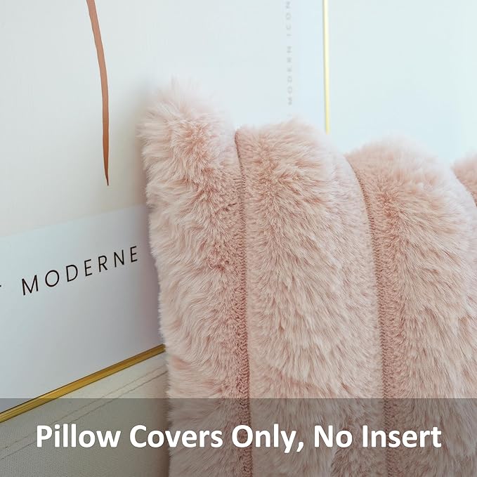 JOJUSIS Pack of 2 Faux Fur Plush Decorative Throw Pillow Covers Couch Cushion Case Soft Fluffy Pillowcases Wide Stripe (Pink, 20 x 20 Inch)