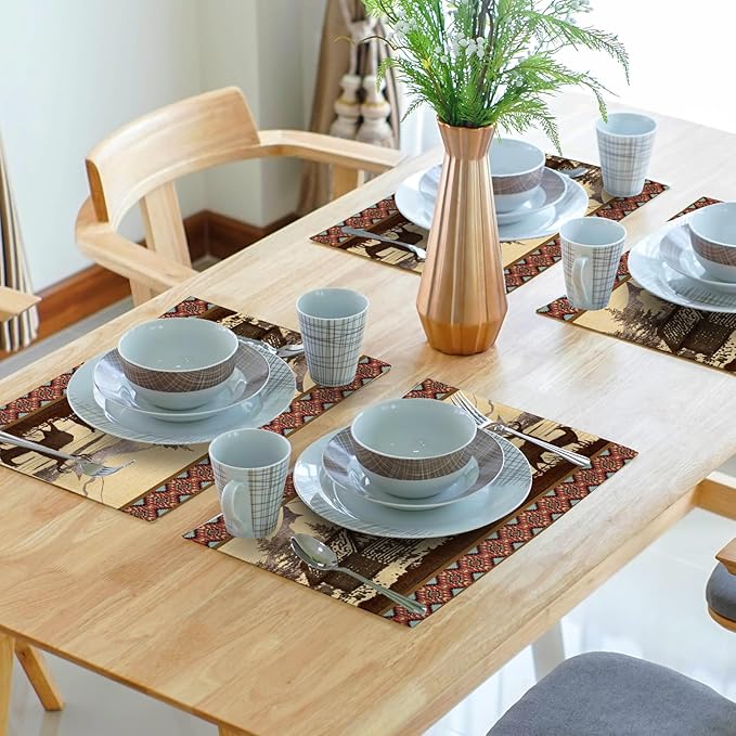 Vintage Bear Moose Placemats Set of 4 Rustic Farmhouse Wild Animal Heat Resistant Table Mat 12x18 Inch Country Cabin Forest Kitchen Mats for Party Dining Table