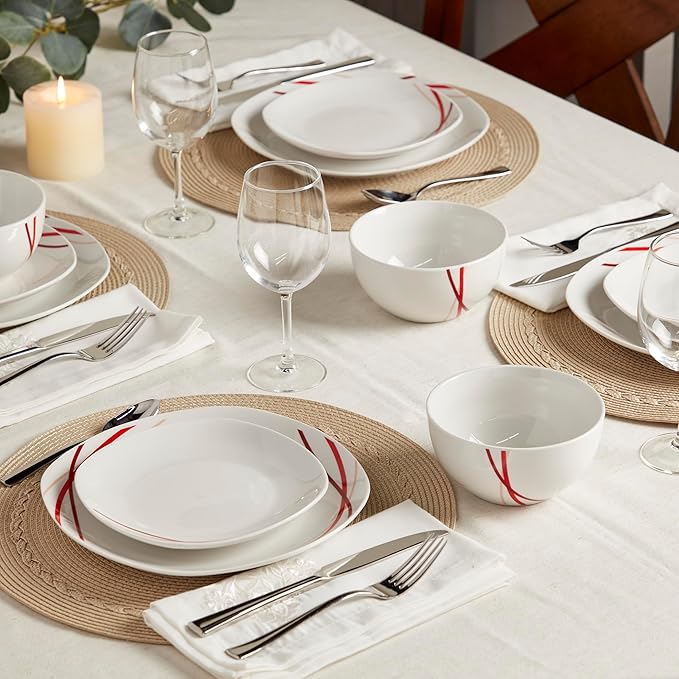 Tabletops Gallery 12-Piece White with Red Stripes Ceramic Dinnerware Set of Kitchen Dishes, Soft Square Dinner Salad Plates Cereal Bowls, Service for 4, Adrian