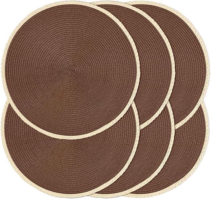 Noctiflorous Round Braided Placemats Set of 6 Table Mats 15 Inches Washable Heat Resistant for Dining Table Non-Slip Indoor Outdoor Place Mats for Easter(01 Chestnut Brown 6)