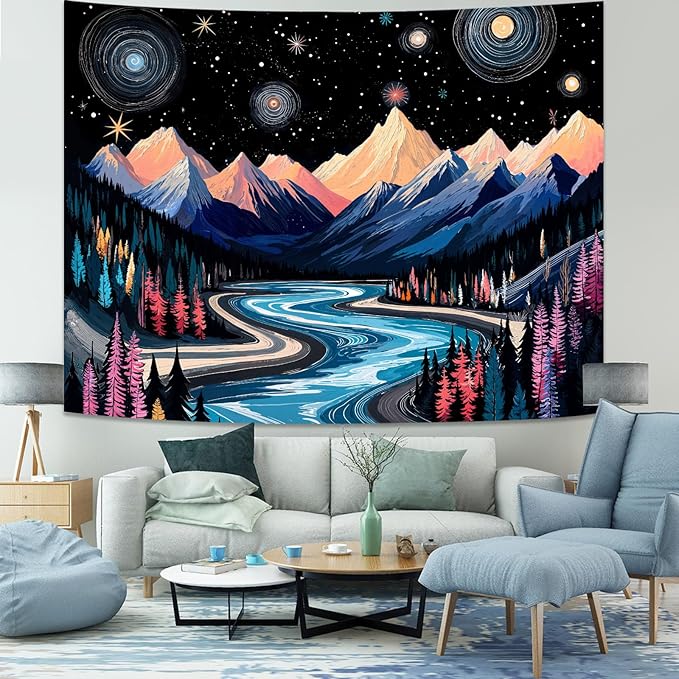 Lunerfex Mountain Tapestry, Starry Sky Landscape Tapestry, 60" x 44", Bedroom & Living Room Wall Decor