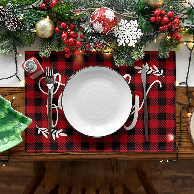 Artoid Mode Placemats for Dining Table Red Buffalo Plaid Love Home Family Together, 12 x 18 Inch Winter Holiday Washable Table Mat Set of 4