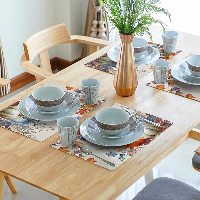 Fall Placemats Set of 4, 12 x 18 Inch Blue and Orange Pumpkin Fall Maple Leaves Washable Heat Resistant Rectangle Place Mat Thanksgiving Decor Table Mats for Seasonal Kitchen Dining