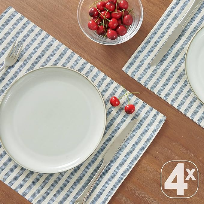 JINCHAN Linen Striped Placemats Set of 4 Farmhouse Cloth Place Mats Durable Table Mats Soft Washable Placemats for Kitchen Dining Table Double Layer Heat Resistant Tablemats 13x19 Inch Blue
