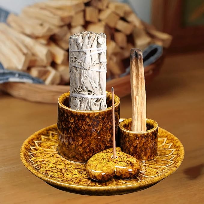 4 in 1 Incense Burner Holder,Incense Sage and Palo Santo Holder,Incense Stick Holder,Ceramic Incense Holder Ash Catcher,for Meditation Room (Yellow)