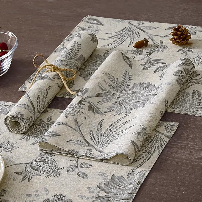 JINCHAN Linen Floral Fall Placemats Set of 4 Cloth Table Mats Rustic Cottagecore Jacobean Outdoor Seasonal for Kitchen Dining Table Decor Non-Slip Washable Tablemats 13x19 Inch Grey
