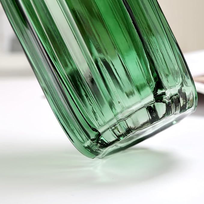 Green Glass Vase for Flowers Bud Tall Glass Vases,H-8.0" Simple Striped Design for Home Floor Decor,Farmhouse Decor, Centerpiece Coffee Table Decorations (Green 8.0IN)