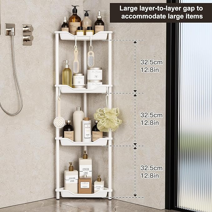 Orimade Rustproof 4 Tier Floor Standing Corner Shower Caddy Organizer, Plastic Metal Splicing Floor Corner Shelf Rack Stands for Bathroom, White