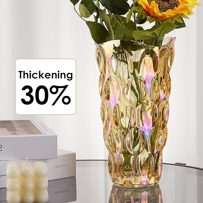 CEMABT 9.5inch 3.4 lb Glass Vases for Flowers Unbreakable Thickened Morden vase for Tables Centerpieces,Colorful,Vintage and Clear Rose Large Flower vases for Bouquet Unique Gifts(Gold)