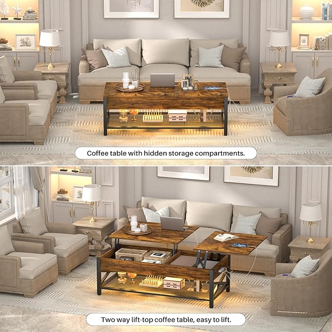 Aheaplus Coffee Table with LED Light and Power Outlet, Modern Lift-Top Center Table with Storage Shelf, for Living Room with Lift Tabletop, X Support Metal Frame, Rustic Brown