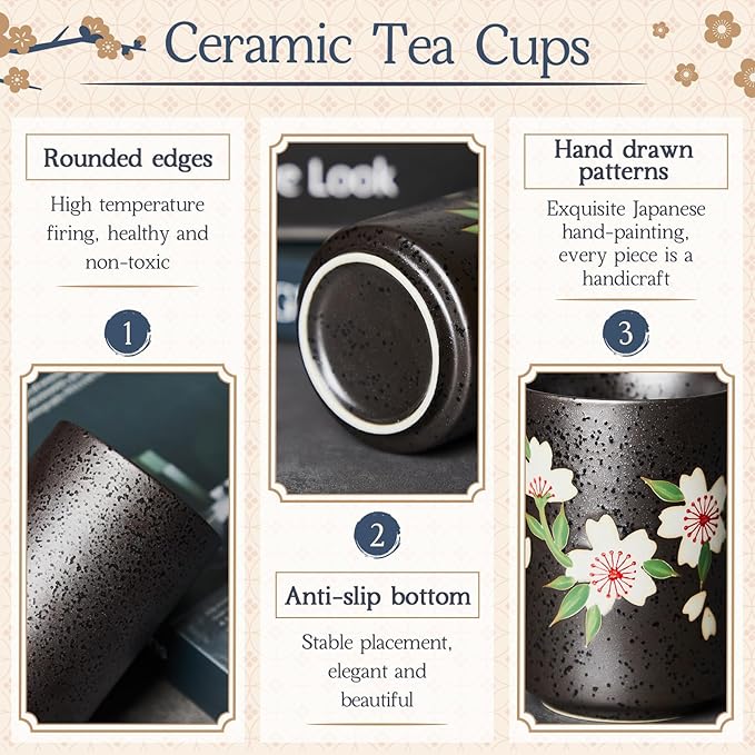 4 Pcs Japanese Tea Cups Handle Less Ceramic Japanese Gifts Chinese Restaurant Teacups Japan Mug Souvenirs for Matcha Bancha Green Tea(10 oz,Sakura)