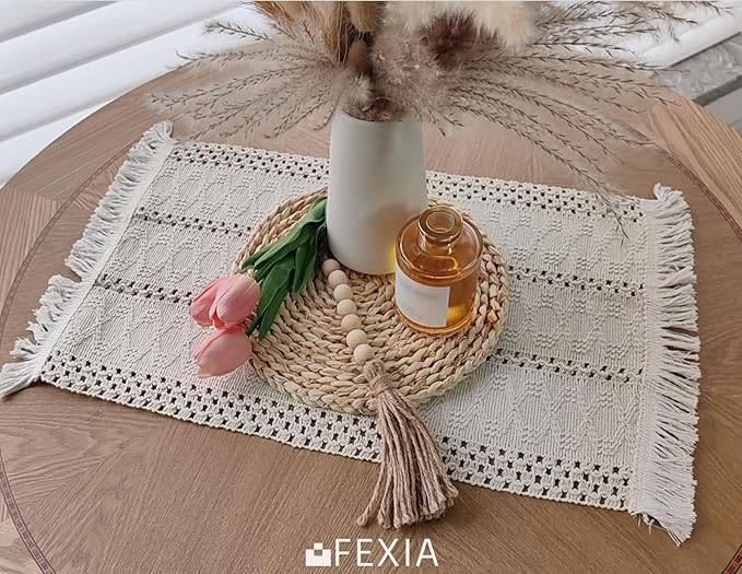 FEXIA Boho Placemats Set of 4, Macrame Table Decor and Farmhouse Style Placemats Natural Cotton Burlap, for Dining Table Kitchen
