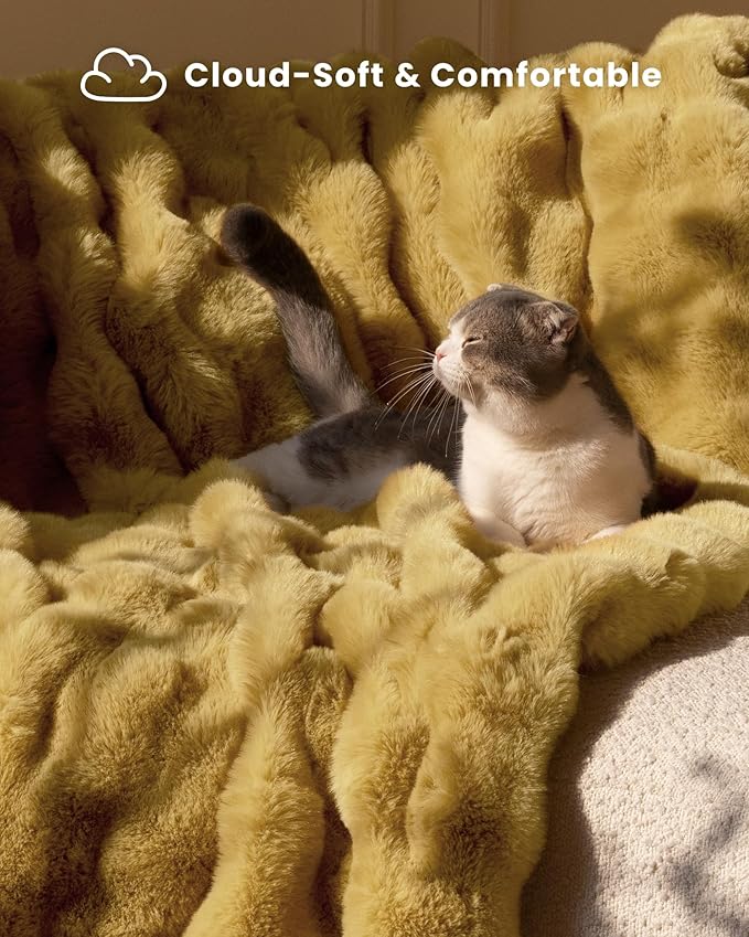 Ultra Soft Cozy Faux Fur Throw Blanket, Fuzzy Plush Thick Bubble Blanket, Oversize Luxury Fluffy Blanket for Couch, Sofa, Bedroom, and Living Room, Gifts for Women and Girls, 50x60 Inches, Dark Yellow