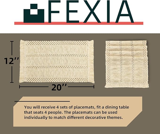 FEXIA Boho Placemats Set of 4, Macrame Table Decor and Farmhouse Style Placemats Natural Cotton Burlap, for Dining Table, Beige