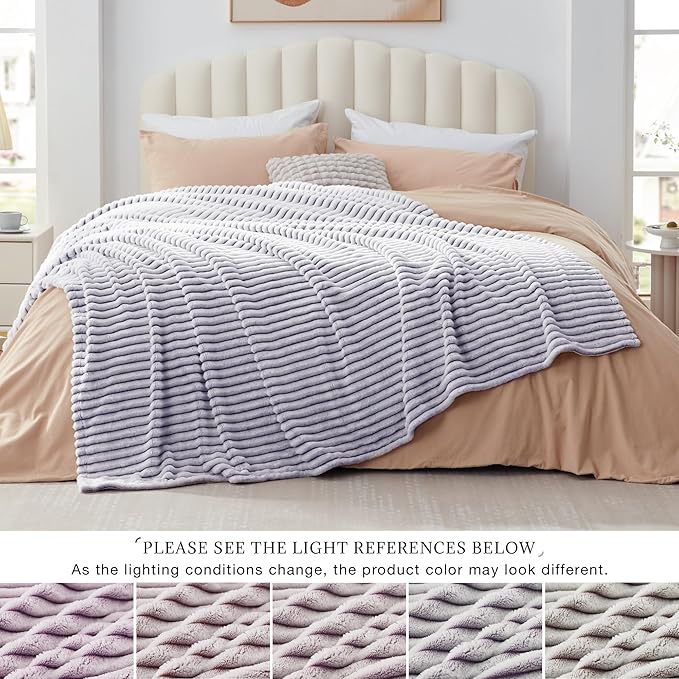 EXQ Home Fleece Throw Blanket for Couch or Bed - 3D Printed Stripe Jacquard Decorative Blankets - Cozy Soft Lightweight Fuzzy Flannel Blanket Suitable for All Seasons(50"×60",Purple)