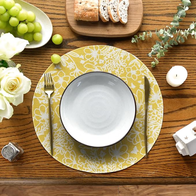 Artoid Mode Yellow Bloom Flowers Spring Round Placemats Set of 4, 14 Inch Summer Holiday Round Table Mats for Dining Decoration