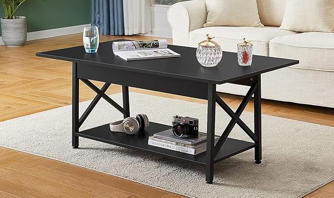 GreenForest Black Coffee Table with Storage Shelf 39 inch, 2 Tier Rectangular Center Table for Living Room,Modern Farmhouse Small Table for Home Office,Easy Assembly