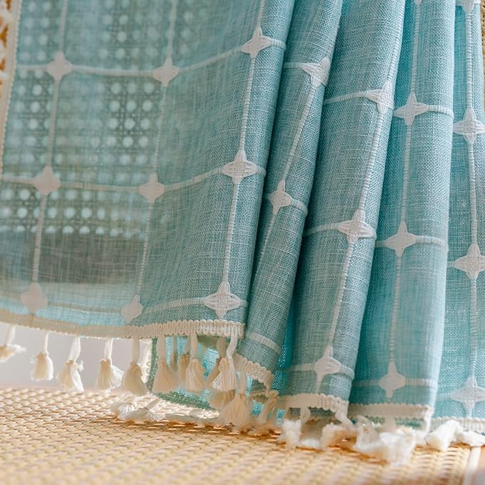 Sutuo Home Boho Curtains 90 Inches Long for Bedroom Living Room, Plaids Farmhouse Tassels Semi Blackout Linen Window Treatment Bohemian Embroidery Drape,Rod Pocket 1 Panel 52" W x 90" L, Aqua Blue
